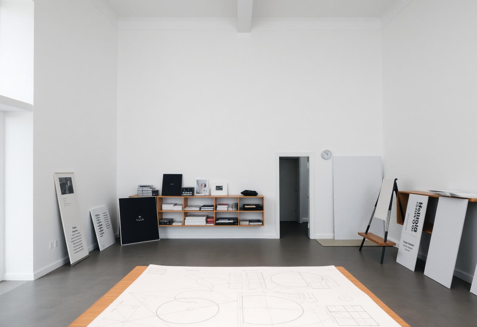 Interior de escritório de arquitetura com pranchas técnicas
